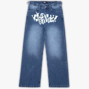 VICINITY Y2K DARK DENIM HAVOC BLUE BAGGY GRAPHIC PRINT JEAN PANTS